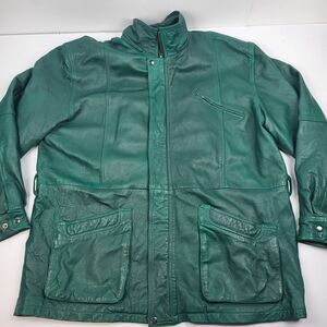 Indiano Vintage men's Genuine Leather Parka Utility Jacket Green Size XL